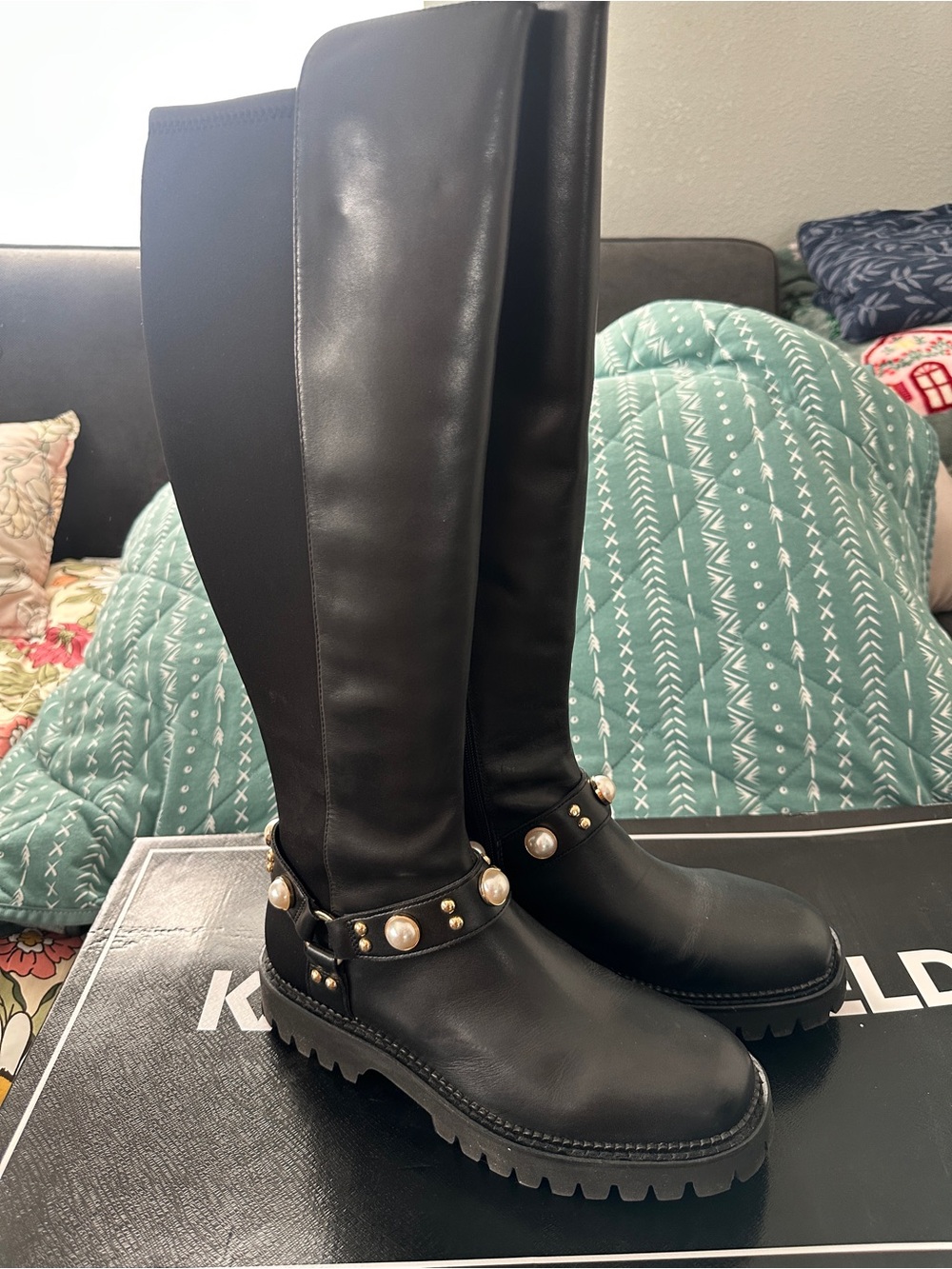 NWB: WMS Size 9. Karl Lagerfeld Pearl-Accent Knee High Boots
